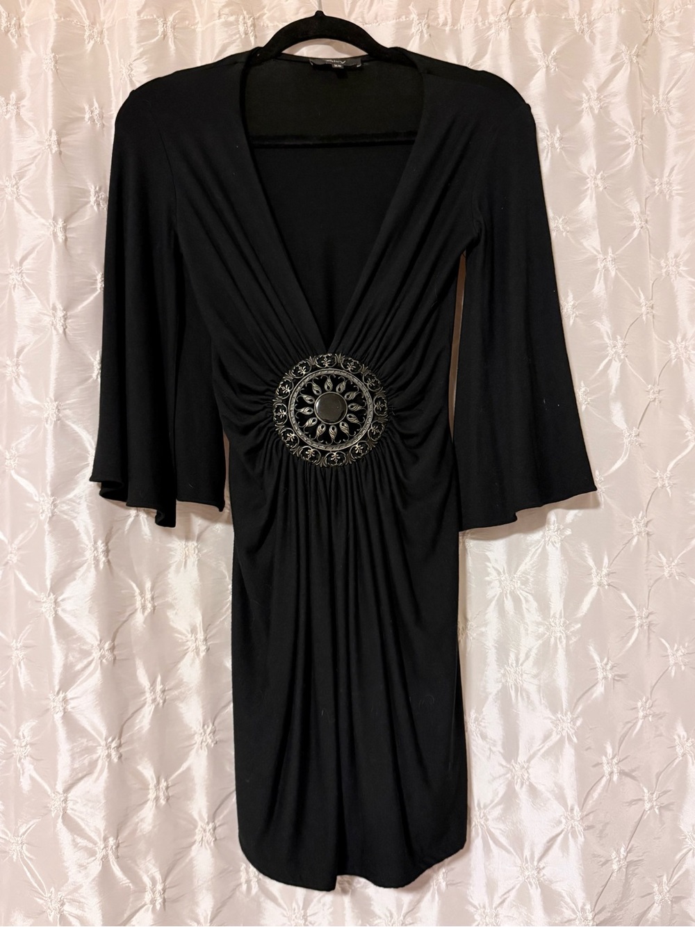 Sky Y2K Black Mini Dress Embellished Medallion V-Neck Bell Sleeve Vintage